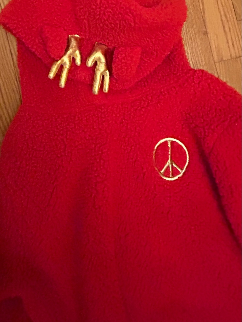 Girls SO Red Gold Antler Reindeer Sherpa Fleece Pullover Hoodie W/Peace Sign Siz